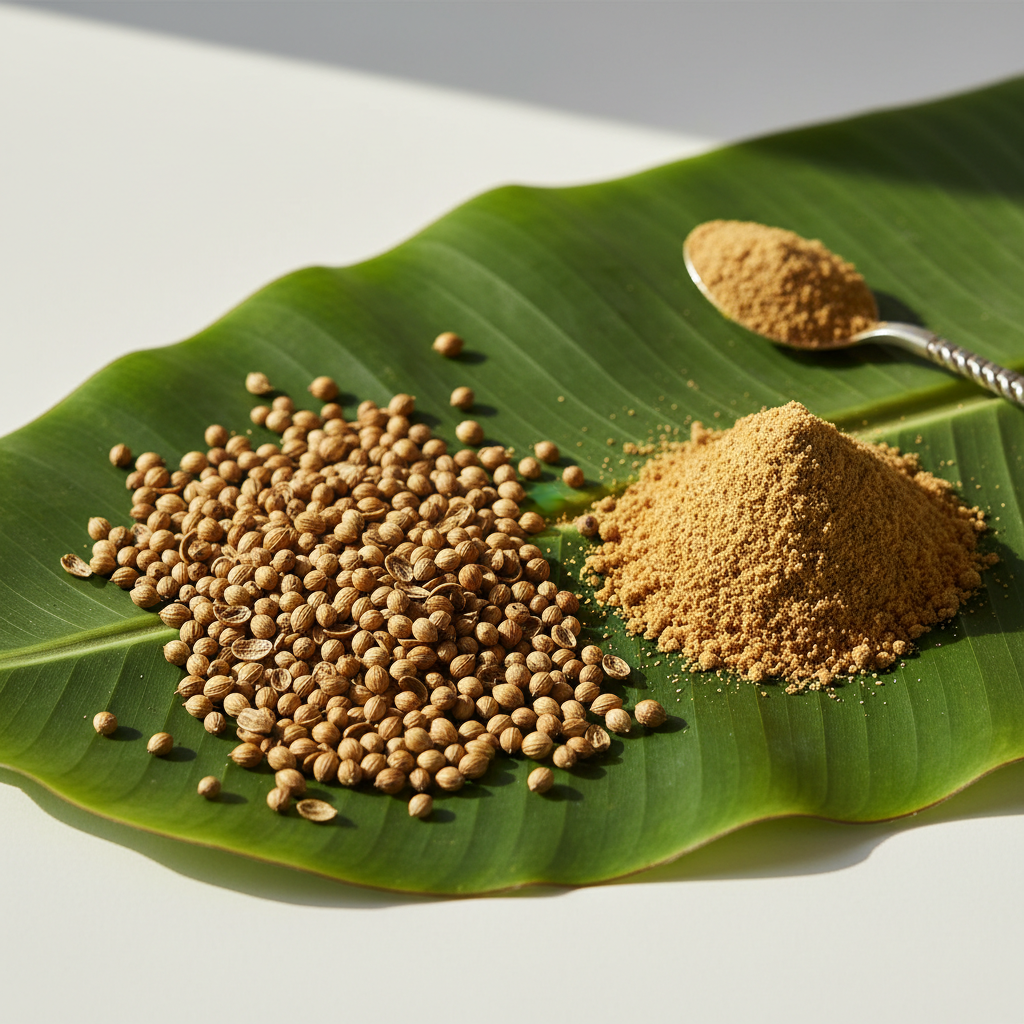 Coriander Seeds and Powder on Banana Leaf