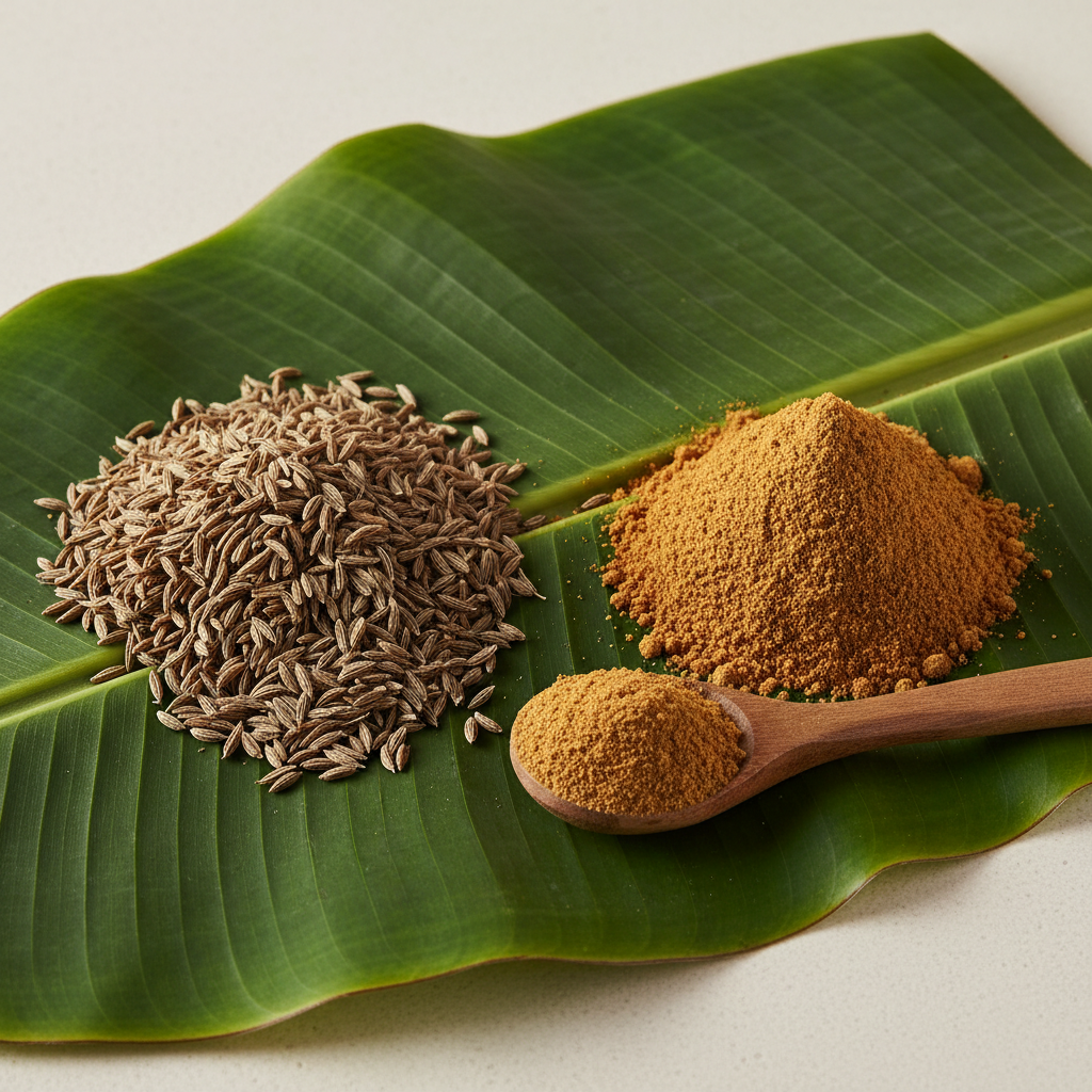 Cumin Seeds and Powder on Banana Leaf